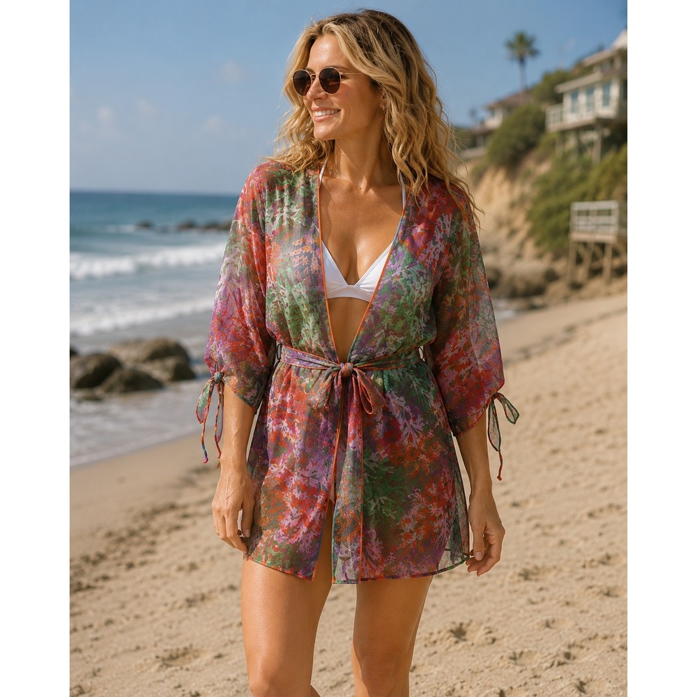 BECA Cover Up Womens XS Multicolor Coral Floral‎ Print Metallic Tie Front Sheer
